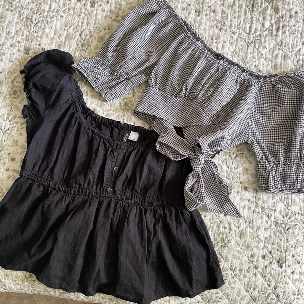 H&M Divided & Zaful Bundle Black Peplum Blouse Gingham Tie Back Crop Top Large